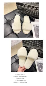 Close-up detail showing the soft texture of white faux fur plush home slippers