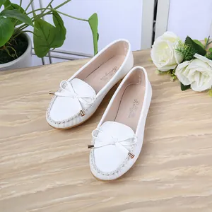 White leather bow loafers for women, comfortable flat nursing shoes for daily wear