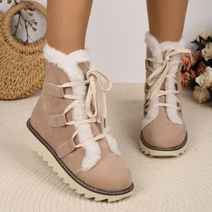 Close-up view of beige snow boots with white faux fur lining and thick non-slip soles