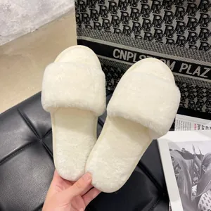 Soft white faux fur slippers for women, cozy home flat slides for winter warmth and comfort