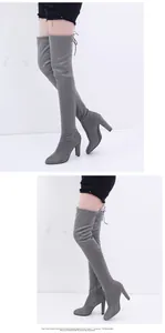 Elegant grey suede over-the-knee boots with a pointed toe and stylish chunky high heel.