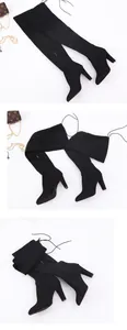 Multiple views of black suede over-the-knee boots with chunky high heels and side zippers
