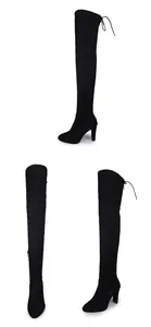 Multiple views of black suede thigh-high boots with block heels and back tie detailing