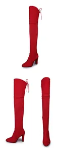 Detailed view of red over-the-knee boots with chunky heels and pointed toes in three angles