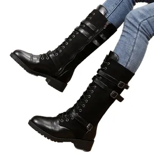 Schwarze kniehohe Ritterstiefel mit Schnallenriemen und Schnürdesign für Damen Mode