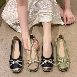 Retro ballet flats with metallic toe cap and bow detail in various colors.