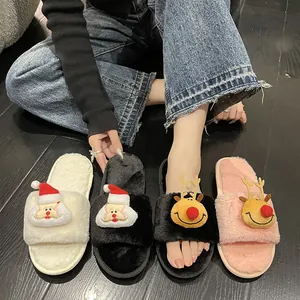 Cozy women's Christmas plush slippers featuring cute Santa Claus and reindeer designs