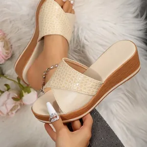 Sandalias de Cuña con Plataforma para Mujer Correas Cruzadas Patrón de Cocodrilo Zapatillas de Verano Zapatos de Suela Gruesa Madera