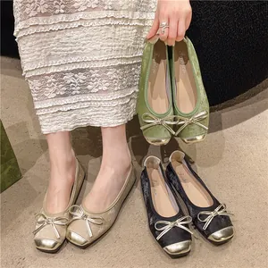 Detailed view of vintage bow ballet flats in beige, green, and black velvet options.