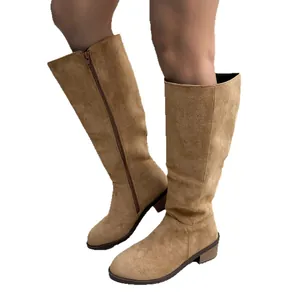 Stylish tan suede knee-high boots for women with a chunky heel and side zipper detail.