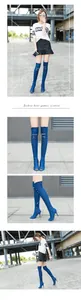 Stylish blue denim over-the-knee stiletto boots with peep toe and ripped details.