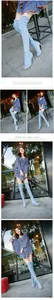Elegant denim peep-toe over-the-knee boots with stiletto heels shown on model