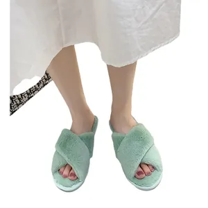 Pantuflas de felpa verde con tiras cruzadas para mujer, calzado cómodo de interior