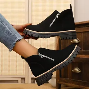 Women Fashion Suede Short Boots Chunky Heel Platform Side Zipper Ankle Boots Casual Fall Winter Large Size Boots For Daily