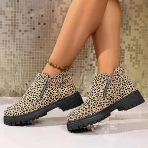 Leopard Print Chelsea Boots for Women Chunky Heel Round Toe Side Zipper Fashion Short Ankle Boots Fall Winter Casual Dress Shoes