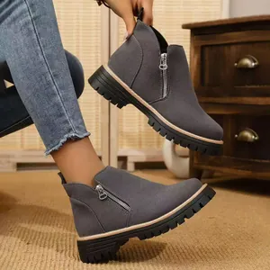 Stylish grey suede ankle boots with side zipper and chunky heel for winter fashion