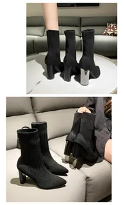 Elegantes botines de punto tipo calcetín negros con tacón grueso galvanizado para invierno