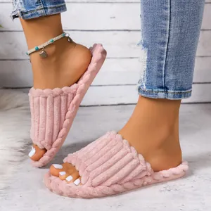 Chaussons en Velours Côtelé pour Femmes Bout Ouvert Doublure Fourrure Chaude Intérieur Maison Rayures Bord Tressé Automne Hiver