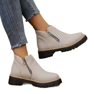 Fashionable grey faux leather ankle boots for women with side zipper and thick sole