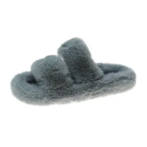 Detailed macro view showing the soft faux fur texture of these grey platform slippers