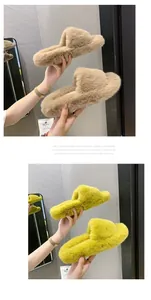 Soft fuzzy faux fur slippers with thick platform sole in beige and lime yellow colors