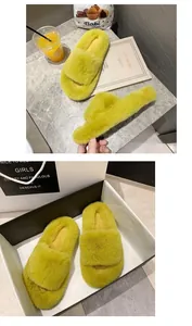 Close-up of lime green plush fur slippers presented in a gift box and lifestyle setting.