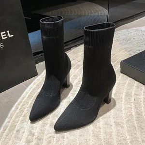 Botines de Calcetín de Punto para Mujer Punta Puntiaguda Tacón Alto de Bloque Media Caña Martin Botas Con Tacón Galvanizado Moda Otoño Invierno