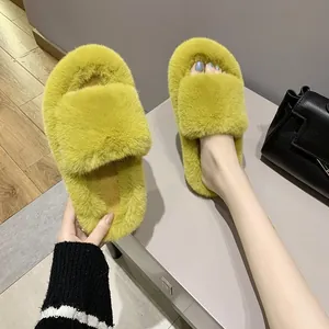 Women's Faux Fur Open Toe Flat Slippers Soft Plush Indoor Outdoor Warm Home Shoes Korean Style Casual Footwear