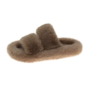 Detailed view of women's plush faux fur slides with thick platform sole in tan brown