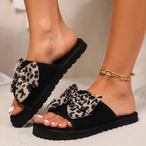 Women's Western Style Leopard Print Bow Platform Flat Slippers Casual Suede Slip-on Outer Wear Sandals Daily Fashion Beach Shoes