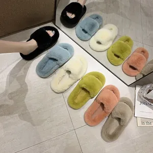 Women Faux Mink Fur Thick Sole Slippers Fashion Single Band Sliders Solid Color Casual Outdoor Home Shoes For Autumn Winter