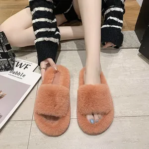 Elegant women's coral pink fluffy faux fur slides for stylish indoor and outdoor autumn wear