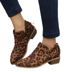 Women's leopard print pointed toe ankle boots featuring a low block heel and back zipper