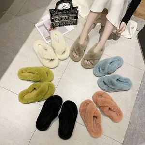 Plush faux fur slippers for women in multiple colors with crisscross straps