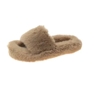 Stylish brown faux fur slide slippers for women with thick soles for autumn and winter