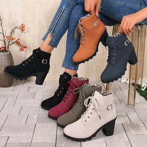 Women's Chunky Heel Martin Boots Retro Lace-Up Combat Boots With Side Zipper Microfiber Leather Ankle Boots Round Toe Shoes