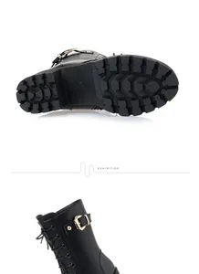 Detailed views of black mid-calf boots showing anti-slip lug sole and buckle strap