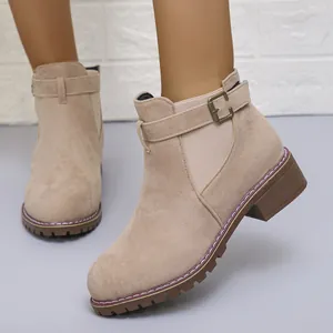 Suede ankle boots for women with low square heel and decorative buckle strap
