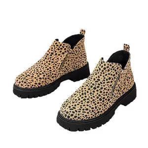 Stylish leopard print ankle boots with chunky lug sole and side zipper closure