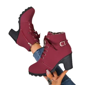 Elegant burgundy round-toe ankle boots for women featuring chunky high heels and side zipper