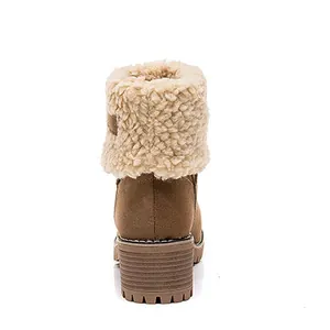 Vista trasera detallada de botas de invierno marrones con puño de borreguito y tacón