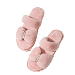 Pantofole rosa in peluche con perle e strass, ciabatte da casa piatte a punta aperta