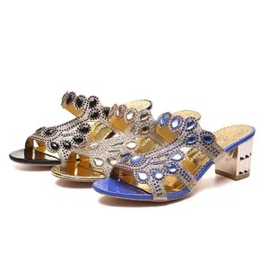 Three pairs of elegant rhinestone encrusted chunky heel sandals in black gold and blue