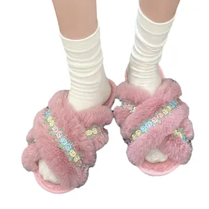 Fairy style pink fuzzy cross-strap slippers with floral embroidery and thick soles