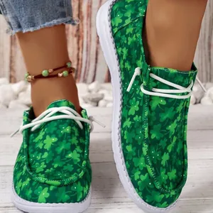 Grüne Damen-Canvas-Schuhe mit Kleeblatt-Muster, flache Freizeitschuhe für St. Patrick's Day