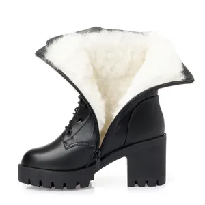 Black winter ankle boots with chunky heel and warm white fleece lining for women