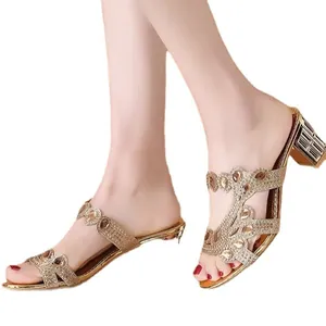 Elegant women's gold rhinestone chunky heel slide sandals perfect for summer outdoor wear