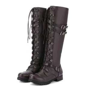 Dark brown knee-high lace-up combat boots with buckle straps and round toe