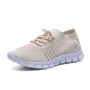 Leichte beige Fly-Knit Damen-Laufschuhe für Freizeitsport und tägliches Gehen im Freien