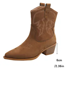 Close-up detail of the 6cm heel on these stylish brown suede Western ankle boots for women